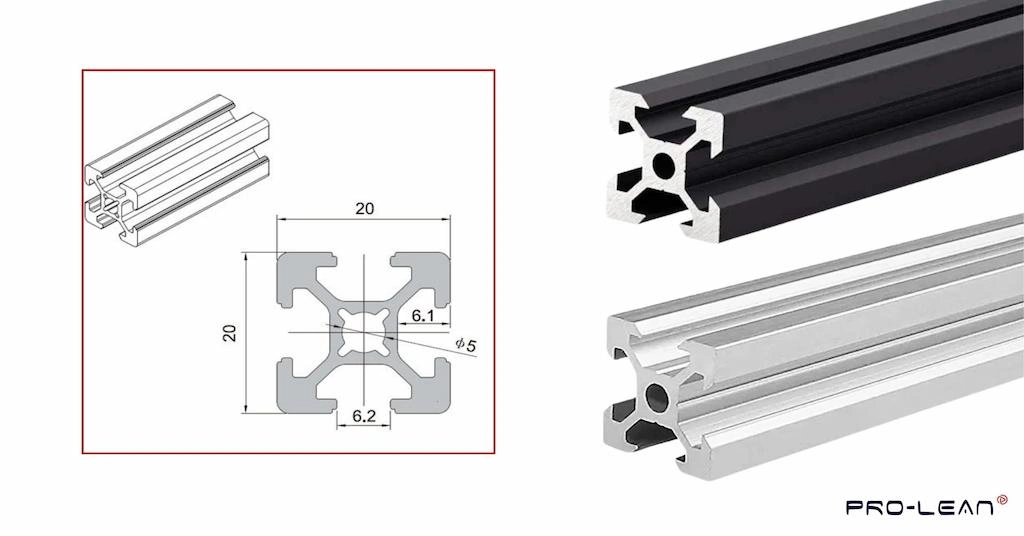 2D drawing of 2020 aluminum extrusion and corresponding extruded profiles on the right