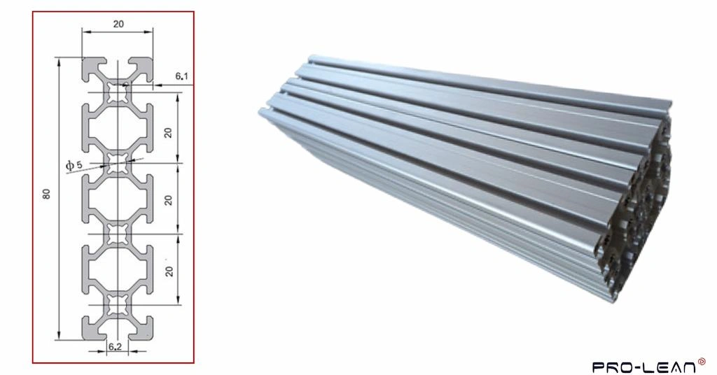 A demo drawing of an 8020 aluminum extrusion on the left and a pile of corresponding extruded profiles on the right