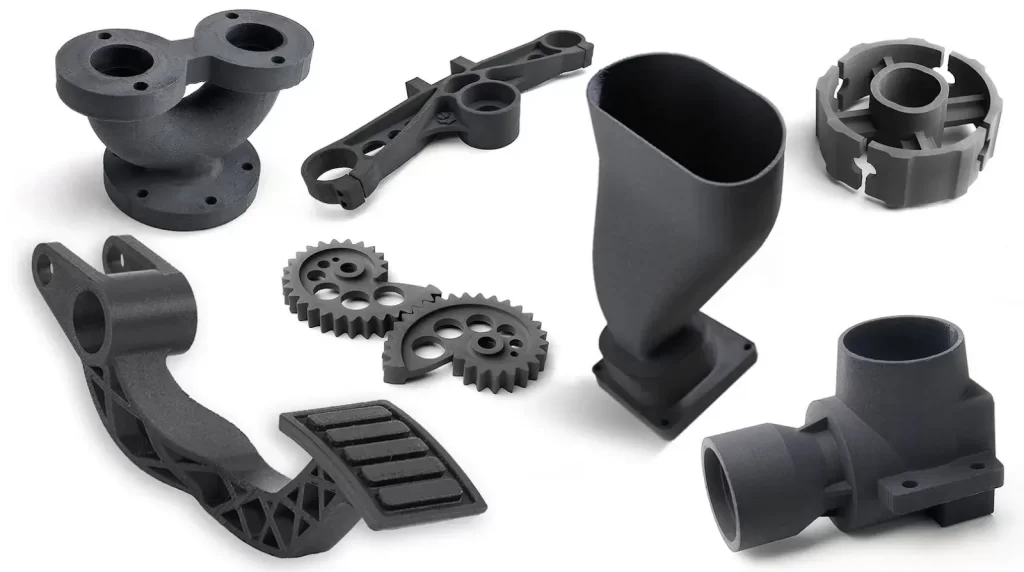 3D printed black automotive parts with complex geometries and mechanical features