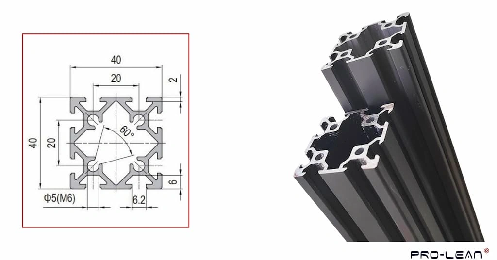 A demo drawing of a 4040 aluminum extrusion on the left and corresponding extruded profiles on the right