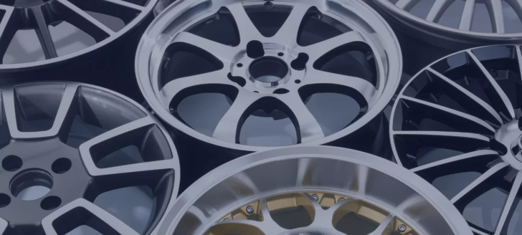 Collection of 7075 aluminum alloy wheels showing various spoke designs and finishes