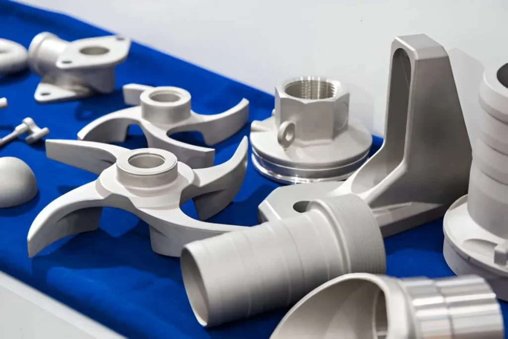 Multiple aluminum cast prototype parts are displayed. These showcase different shapes and designs for product development.