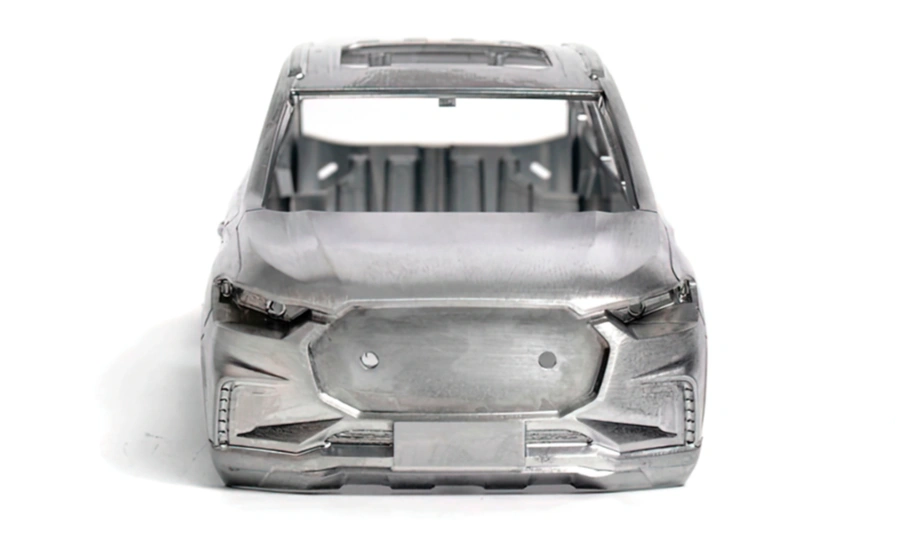 An image of an aluminum CNC prototype of a car frame