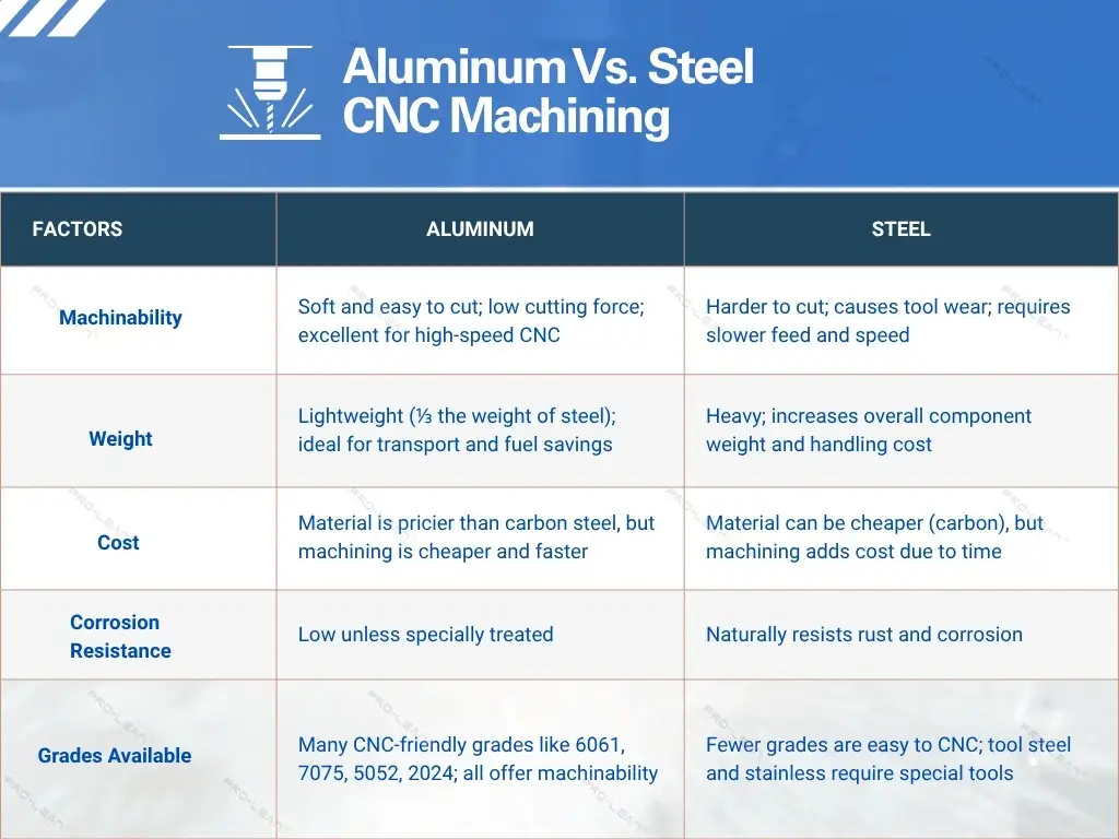 Infographic comparing aluminum and steel machining with respect to different aspects.