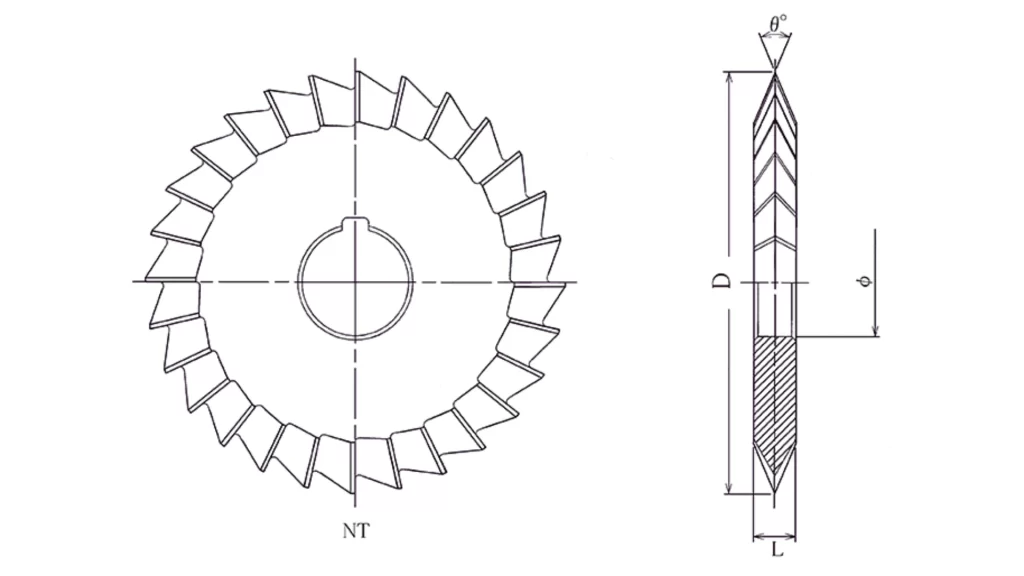 An illustration of angular milling with the tool shown.