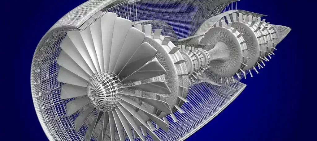 3D wireframe rendering of an aircraft jet engine showing detailed turbine blade design.