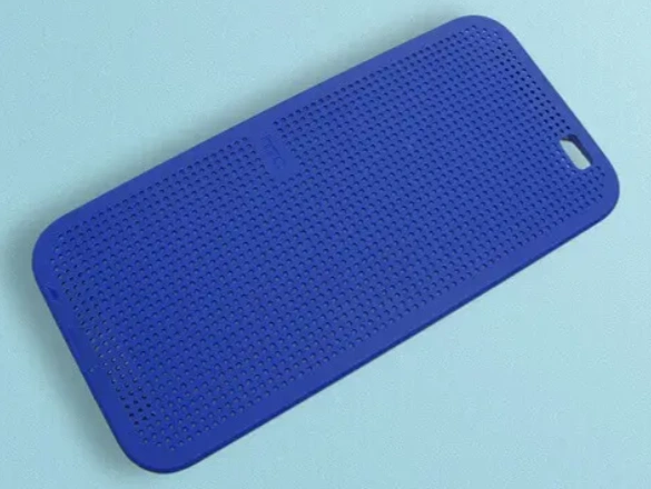 A close-up of a blue phone casing made through plastic injection molding