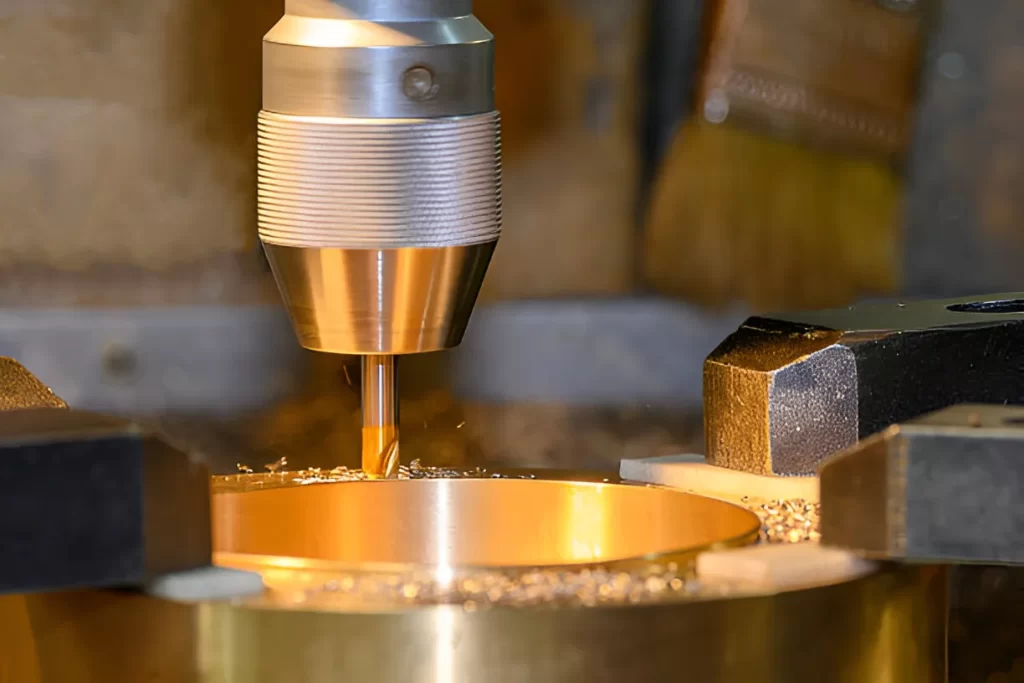 A milling tool cutting a hole in a brass workpiece.