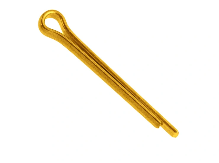A yellow brass fastener with split ends, called a cotter pin