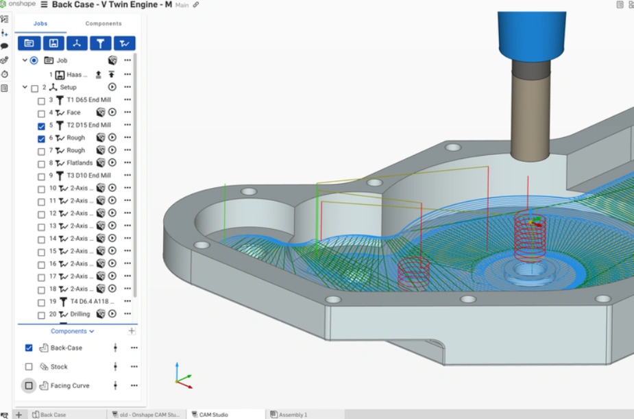 CAM software interface showing toolpath programming for engine case machining operations