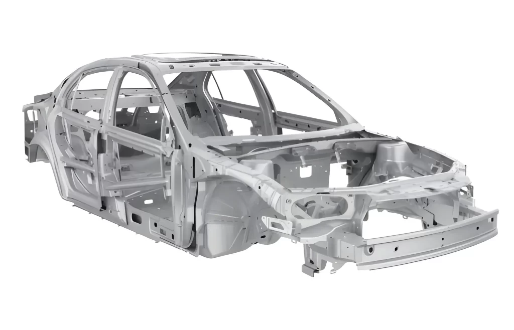 A car chassis frame showcasing the integrated metal structure