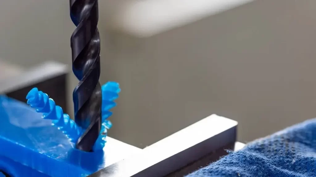 The image shows a CNC drilling machine drilling precise holes into a plastic workpiece.