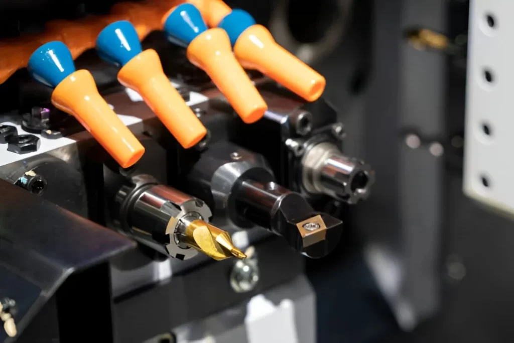 Swiss-type CNC lathe machine in a workshop setting.