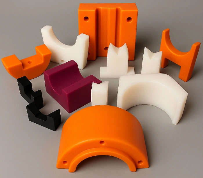 Assortment of precision-machined UHMW polymer components in various colors, including white, orange, black, and magenta 