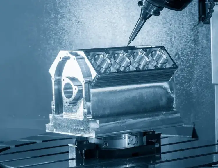 A model engine block being produced by a CNC machine