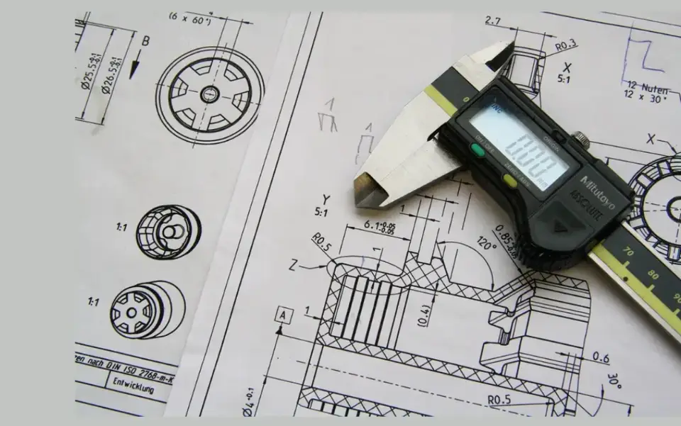 Digital calipers displaying measurement on a technical CNC machining drawing with dimensional tolerances and geometric specifications