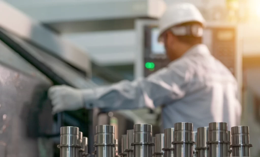 Precision-machined cylindrical components in foreground with CNC operator monitoring equipment in background
