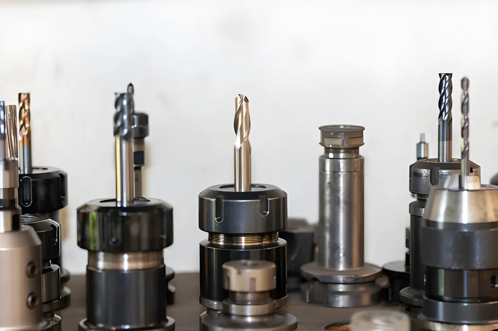 Assorted CNC machining tools, including end mills, drills, and inserts, are arranged on a workshop table.