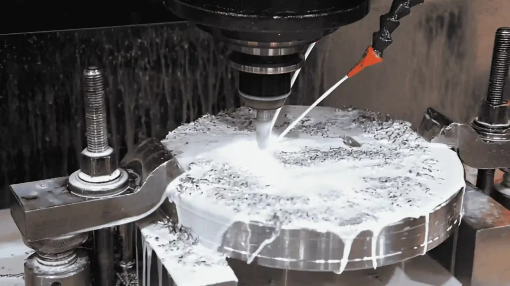 A part being milled in operation with coolant.