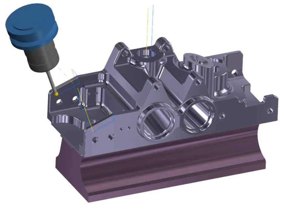 CAM software visualization of a complex multi-cavity part setup with tool positioning and toolpath lines