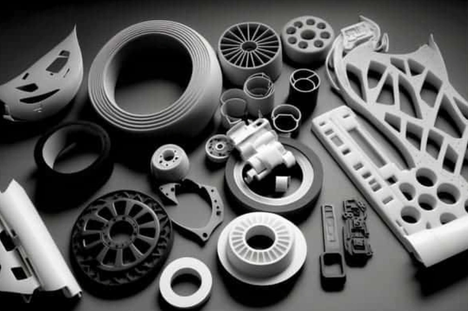 Various injection molded plastic parts, including automotive components, housings, and complex geometric shapes