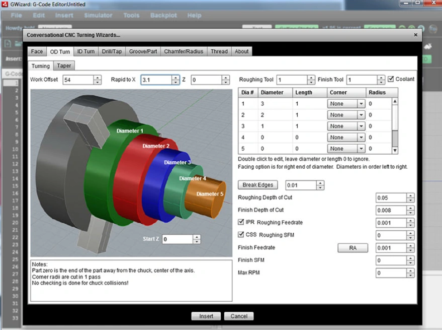 Conversational CNC turning programming wizard with multi-diameter part setup