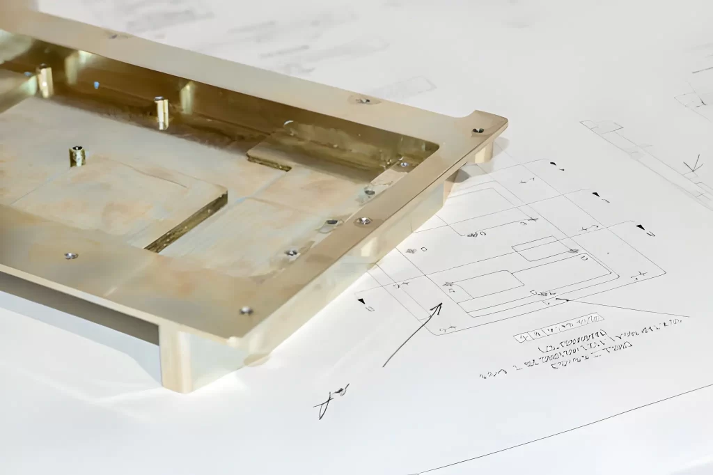 A custom metal part placed above its technical(Engineering) drawing.
