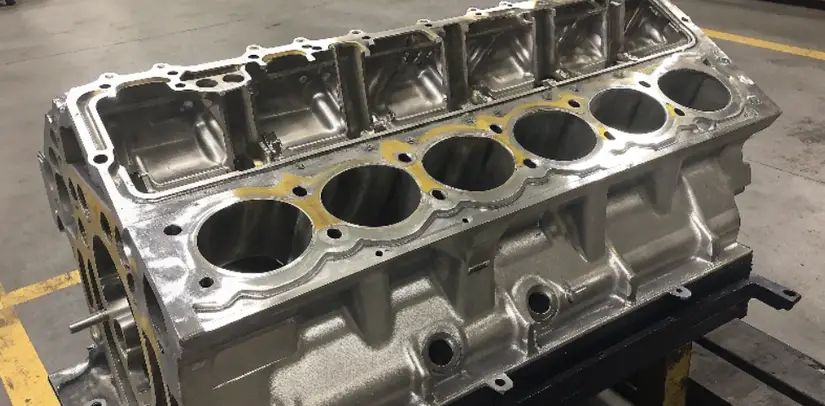 A die-cast aluminum V8 engine block showing cylinder bores and internal combustion chambers