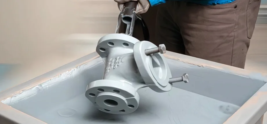 Gray dry powder coat on a aluminum part with a man holding it next to a dipping tank