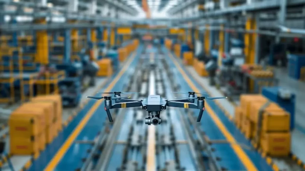 Drone flying inside an advanced manufacturing plant.