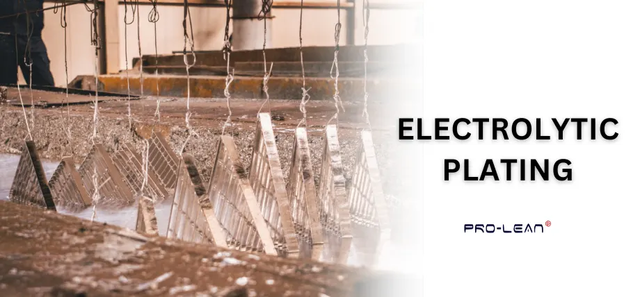 Electroplating process with hanging parts submerged with text “Electrolytic plating”