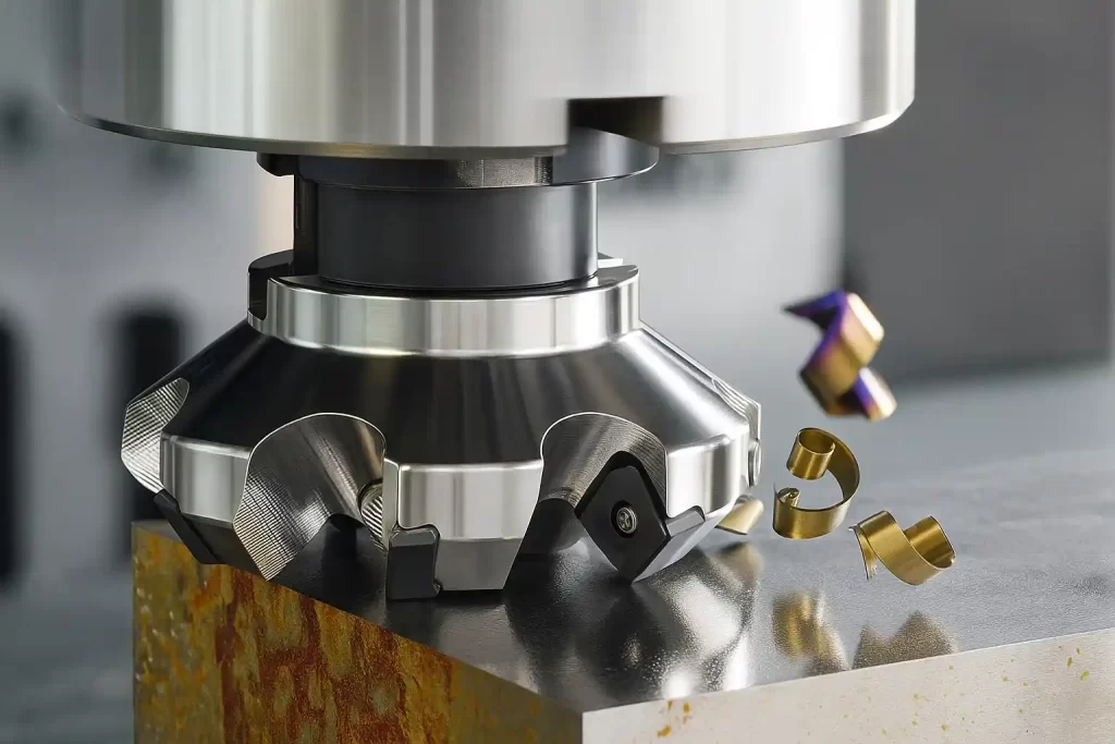 A close-up of a face milling tool cutting on a surface.