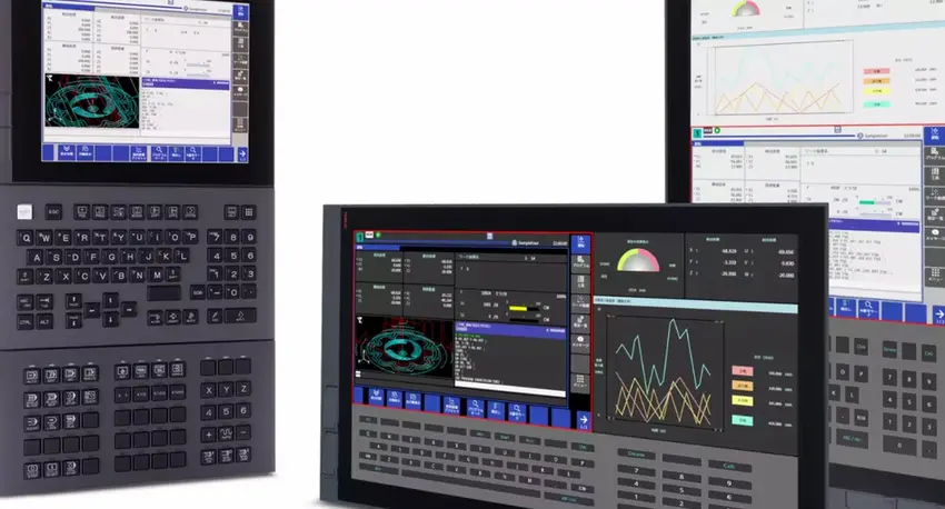 FANUC CNC machine control panels displaying machining data, toolpath graphics, and performance monitoring charts