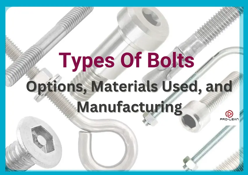 Various types of bolts displayed with the title 'Types Of Bolts: Options, Materials Used, and Manufacturing' overlaid
