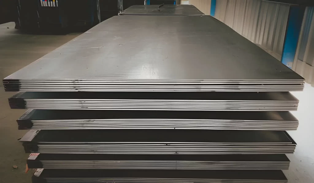 Stacks of galvanized steel sheets with a shiny zinc coating.