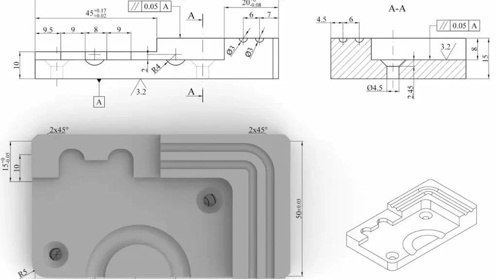 3D model illustrating geometric dimensioning and tolerancing specifications.