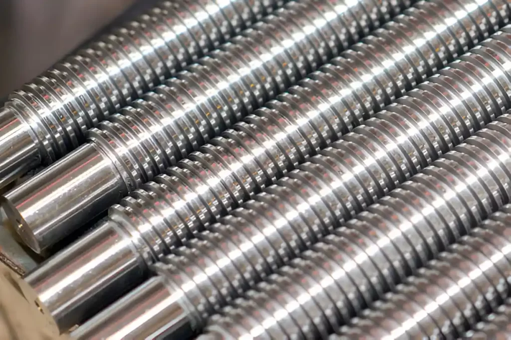 The image shows neatly arranged thread-milled lead ball screws.