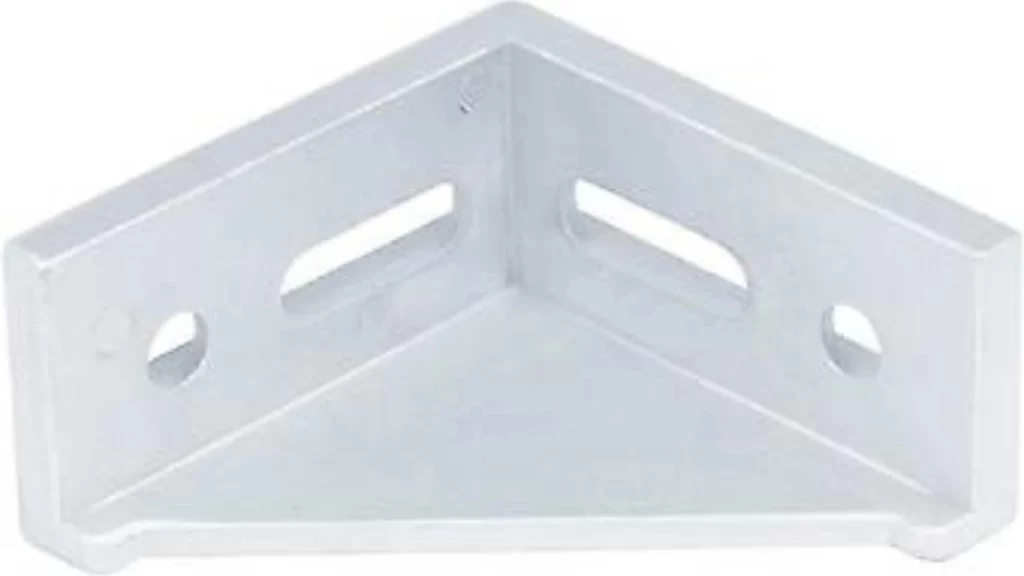 A gusset aluminum angle bracket with a right-angle design, reinforced with a triangular gusset, optimally containing pre-drilled holes for mounting.