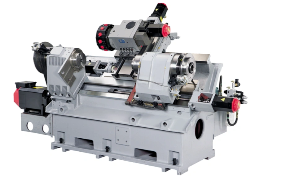 Multi-axis horizontal CNC turning center with dual spindles and automated tool turret 