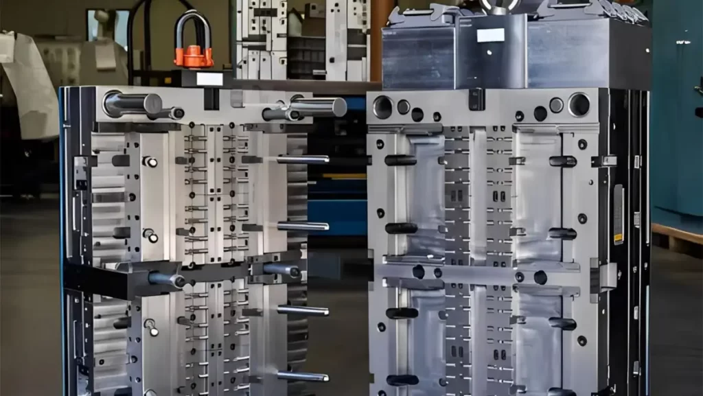 An open hot injection mold, showing the intricate metal components.