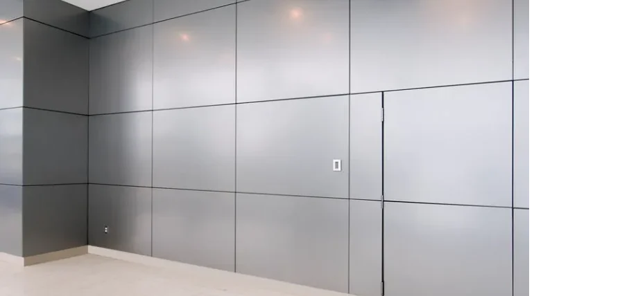 A seamless metallic wall composed of large gray panels, featuring a concealed door with a small white handle