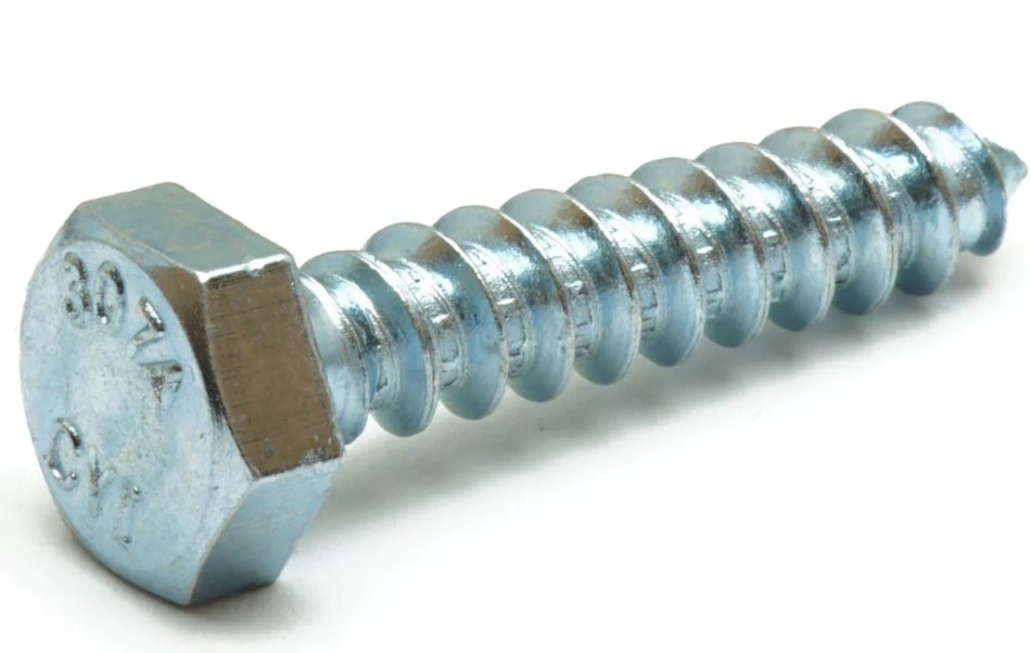 Close-up of a silver-colored lag bolt showing widely spaced threads