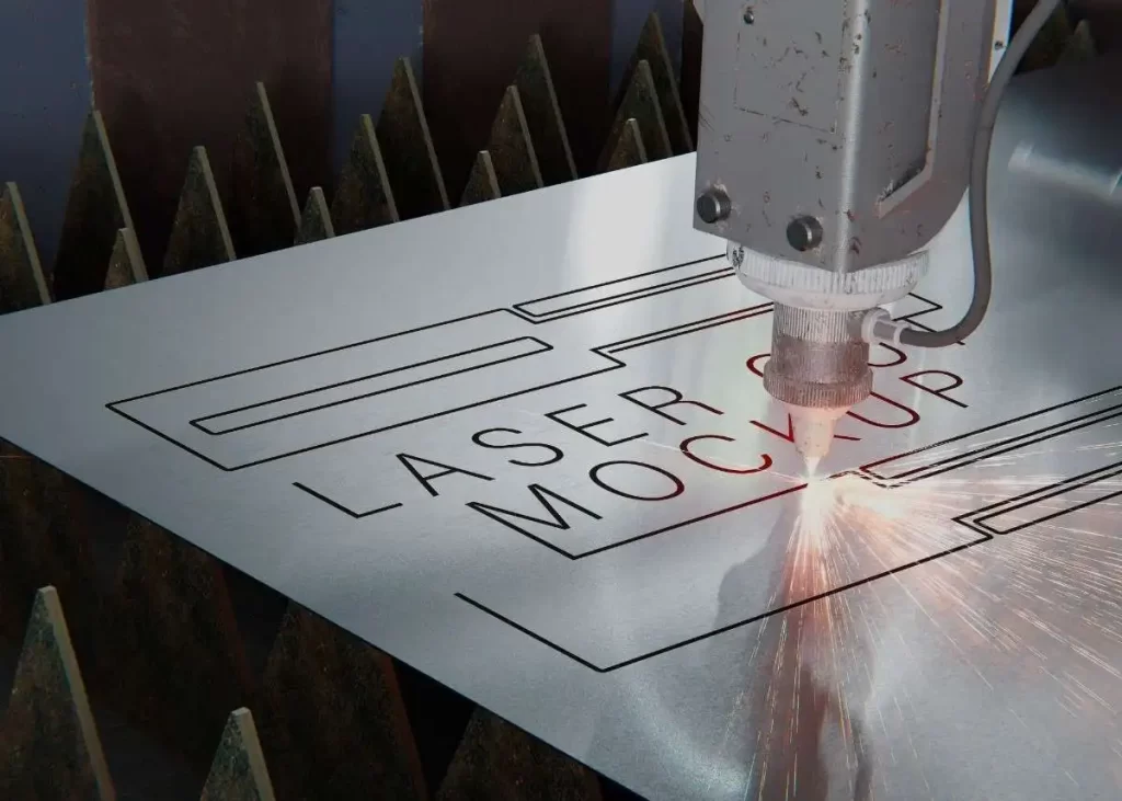 Close-up of a laser engraving machine in action.