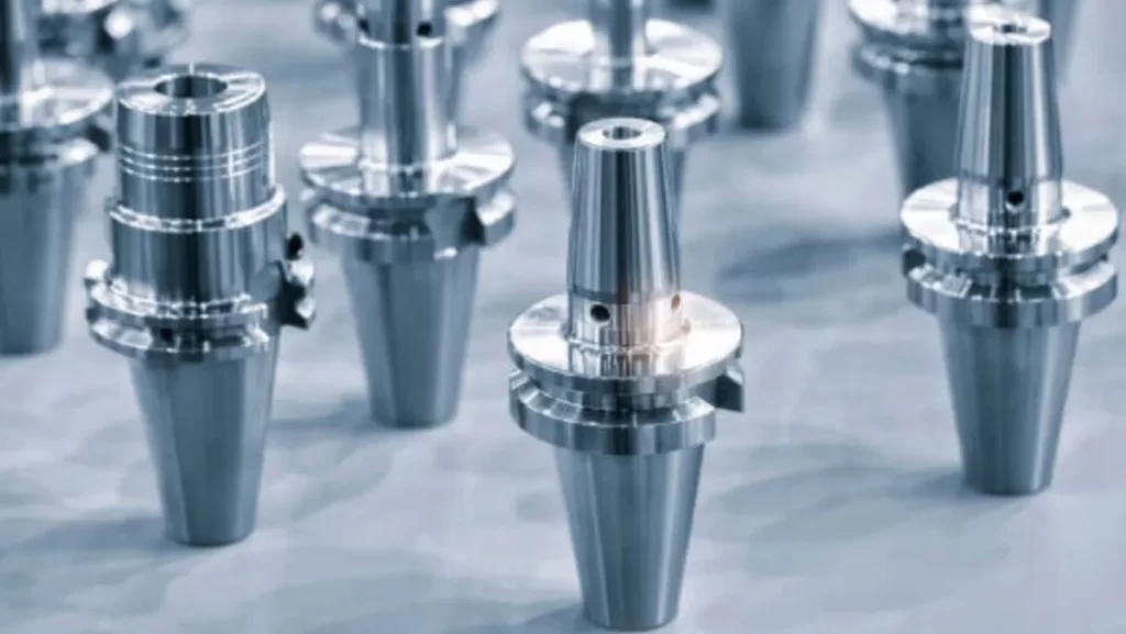 Close-up of various CNC machine tool holders.