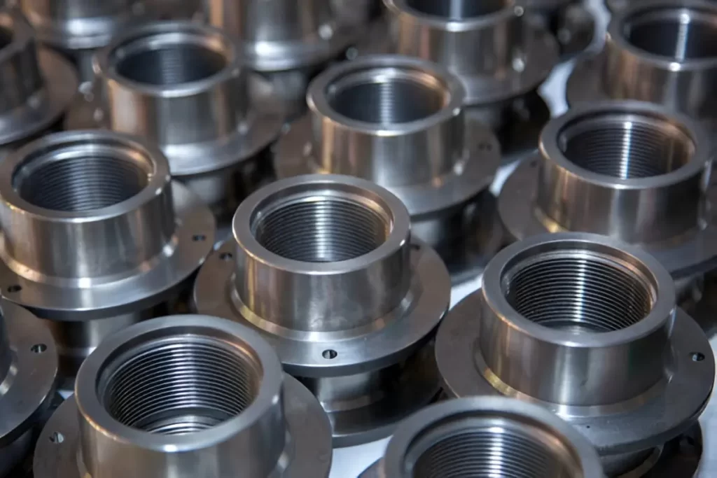 A set of machined metal stock pieces neatly arranged in a linear sequence.