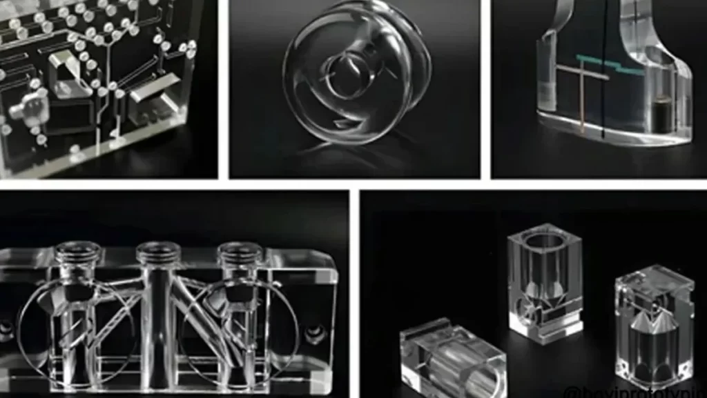 A close-up of clear, intricately machined polycarbonate parts 