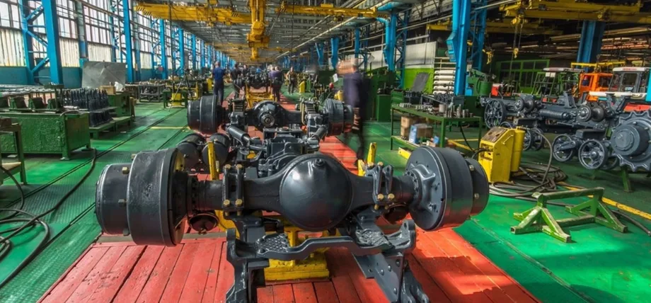 Mass production assembly line of a truck axel in an industrial setup