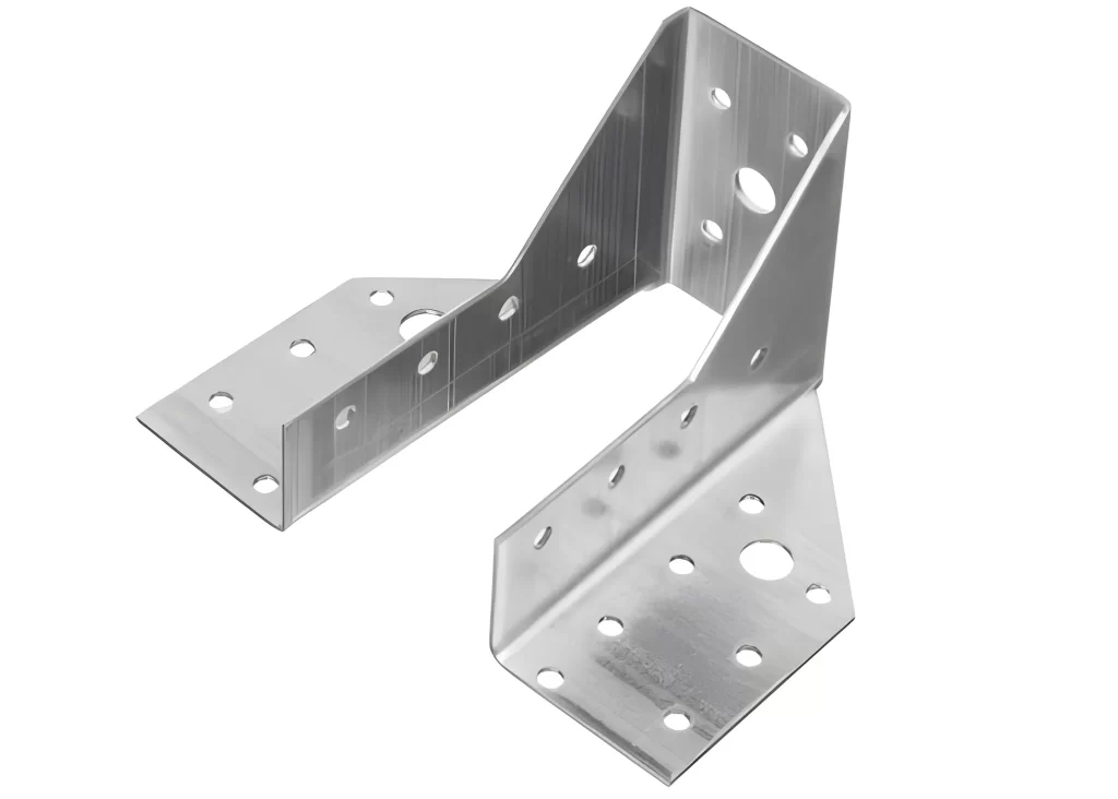 A metal corner bracket displayed individually.