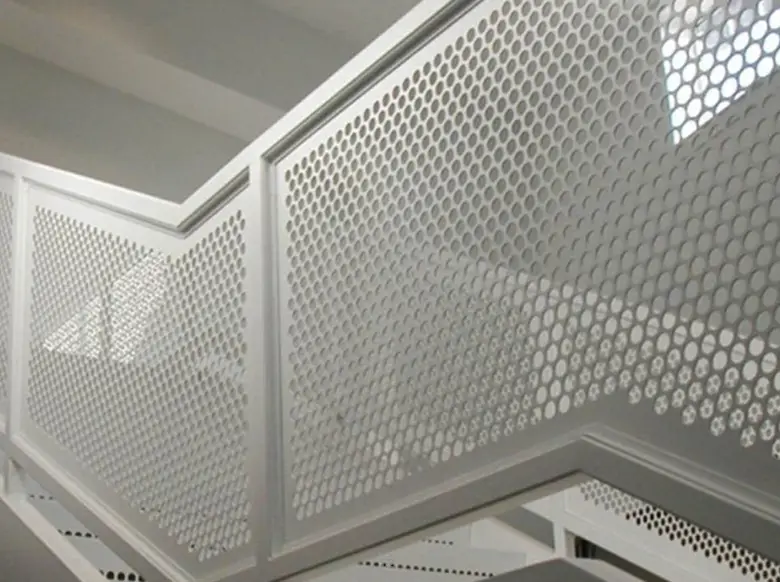 Gray metal stair risers with perforated round patterns 