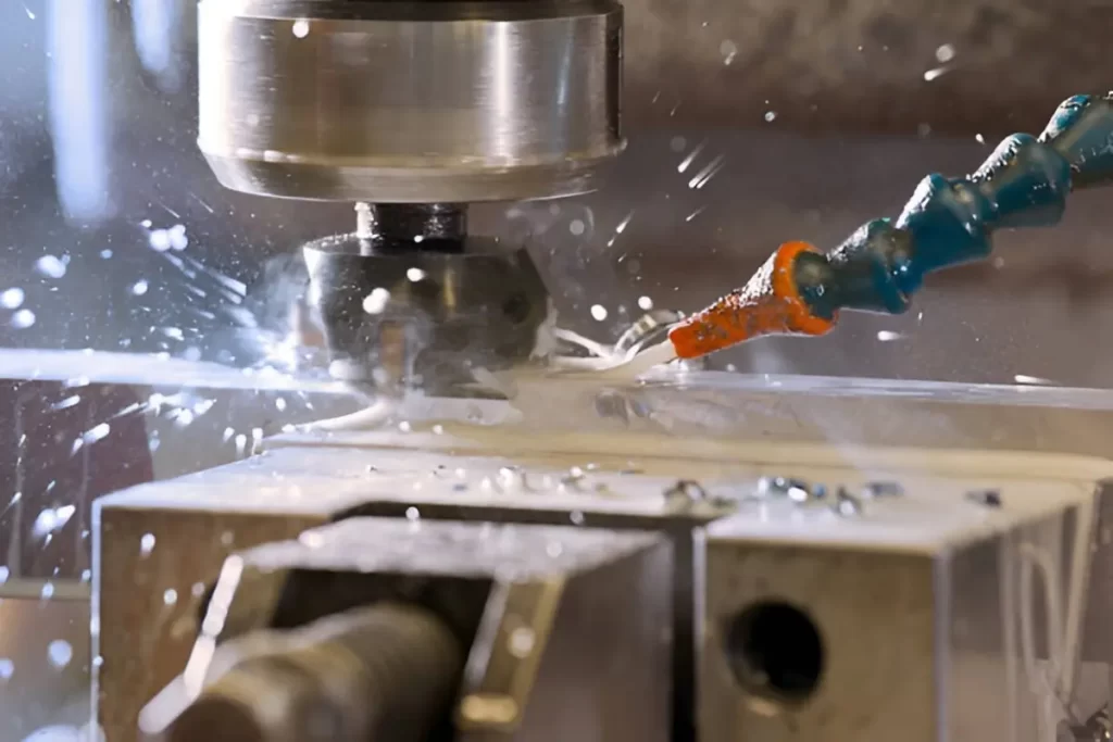 A milling machine is cutting a metal part. The tool head is clearly seen shaping the surface.